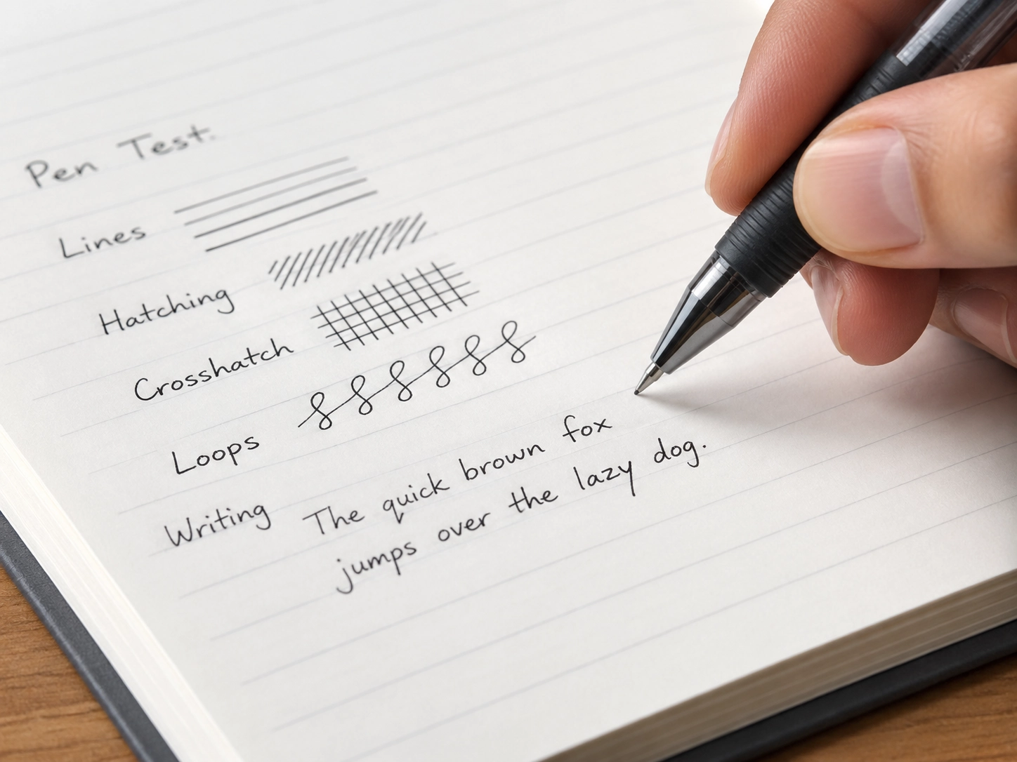 Close-up of handwriting testing pen response, ink absorption, and smooth paper friction on a professional office work notebook