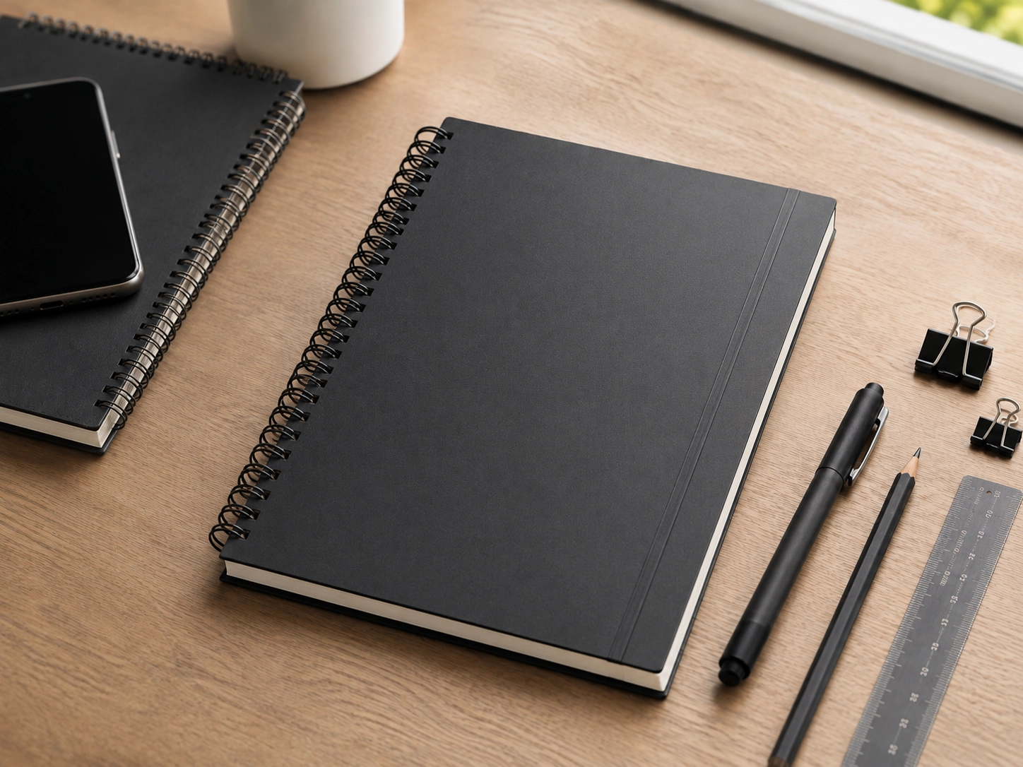 High-end customized notebook with scratch-resistant cover shown in a daily carry work environment beside stationery accessories